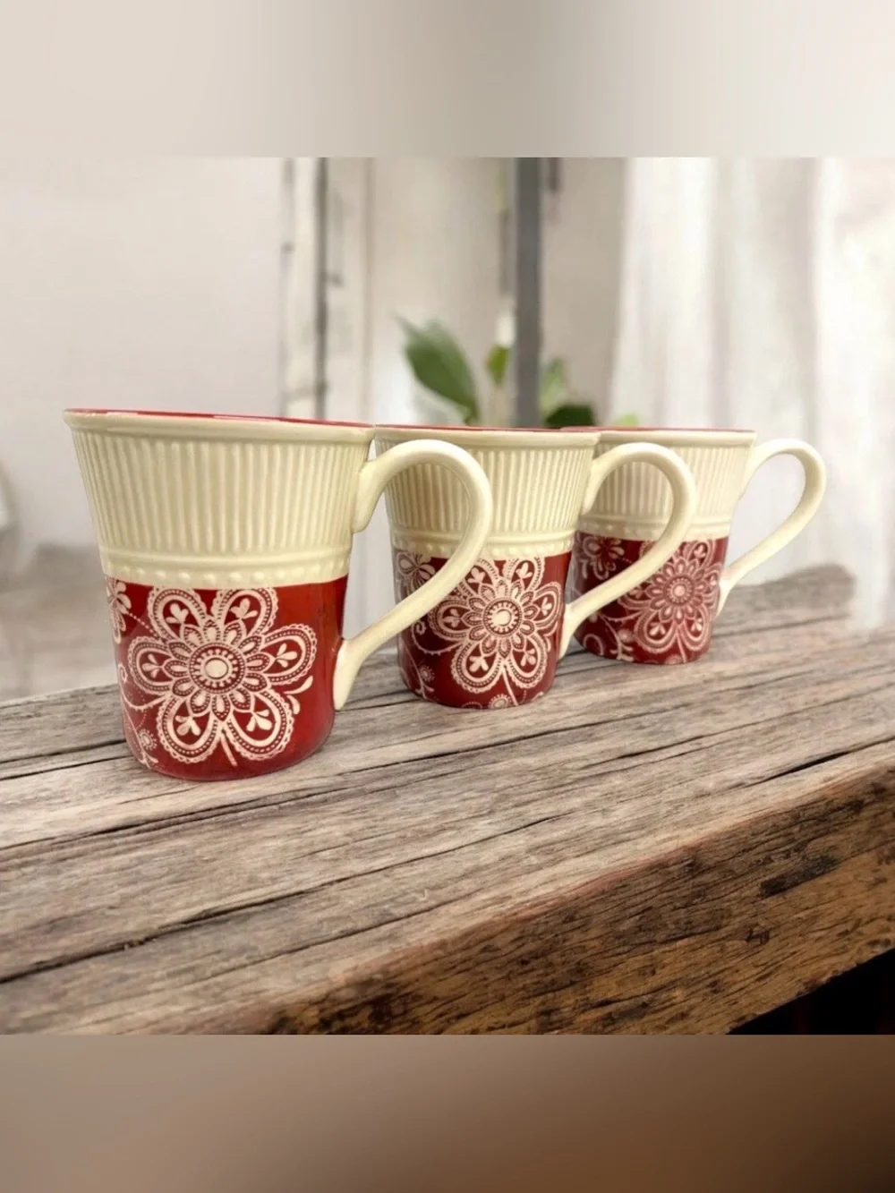 Pier 1 Imports Maribeth Ironstone Mugs Set of 3 Burgundy Cream Floral Cups